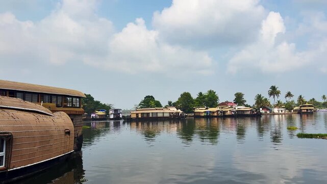 Traditional houseboats docked along the tranquil backwaters of Kerala, surrounded by lush tropical scenery, showcasing the region&rsquo;s unique waterways and tourism culture