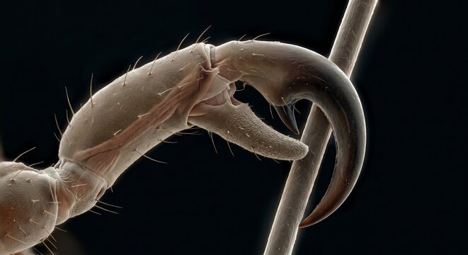 Extreme magnification of tibiotarsal claw of head louse gripping hair strand