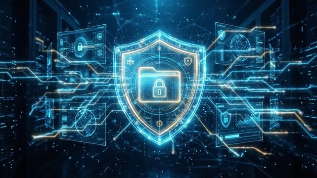 Digital security shield folder lock data protection technology network cybersecurity futuristic encrypted interface glowing blue cyber defense high tech virtual safety concept