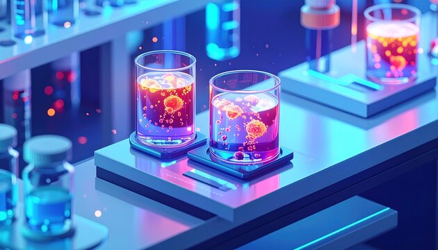 Lab test tubes with colorful liquids.