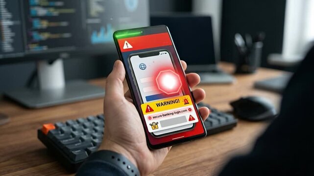 Phishing alert mobile phone cybersecurity warning message online banking security breach data protection internet fraud digital security risk technology hand holding phone computer keyboard office