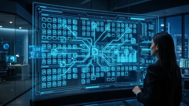 Futuristic digital interface technology with holographic screen data visualization and modern workspace featuring woman interacting with virtual screen for advanced data management and file