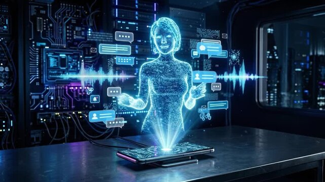 Hologram digital assistant technology communication artificial intelligence futuristic smartphone data visualization virtual interface cybernetic holographic projection digital communication network