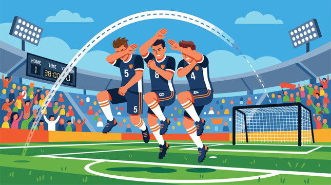 Three soccer players performing a dab celebration on a stadium pitch, surrounded by cheering fans and bright overhead floodlights.