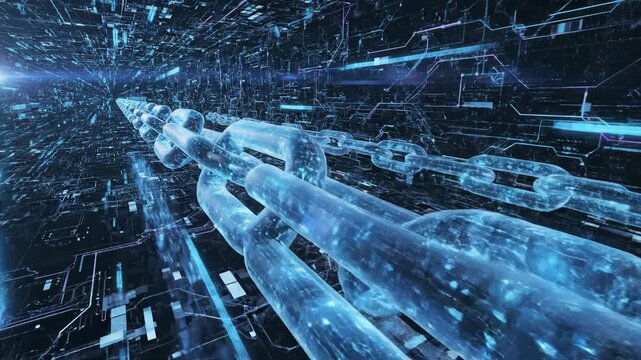 Abstract visualization of blockchain technology featuring a glowing data chain moving through a digital network.