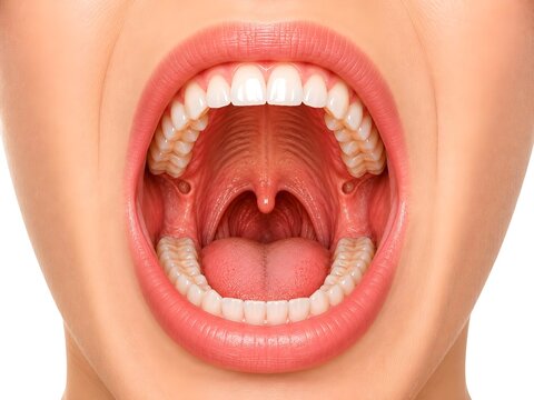 Normal human oral cavity anatomy featuring healthy lips, teeth, gingiva, tongue, hard palate, soft palate, uvula, and oral mucosa.