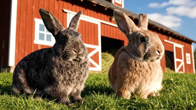 Two rabbits sitting on green grass before a barn.