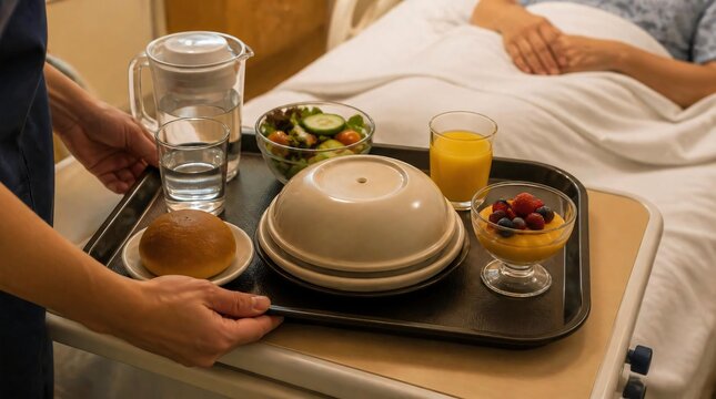 Nurse serves a tray of healthy food to a patient in a hospital bed.