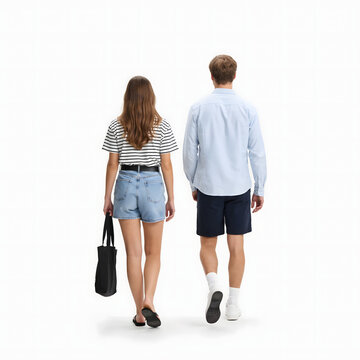 Back view of young couple walking together on white background in summer casual wear.