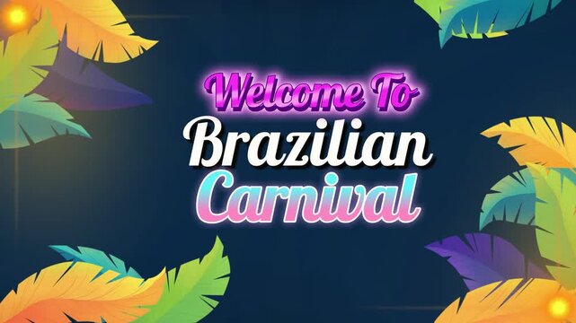 Brazilian Carnival invitation features colorful tropical feathers framing a glowing neon text sign to welcome guests to the festive cultural celebration in South America.