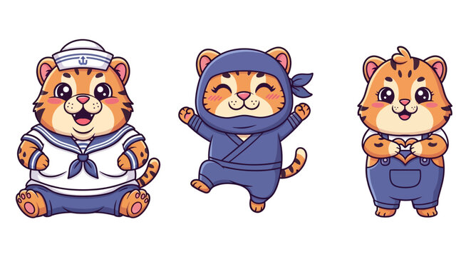 Three Cute Cartoon Tigers in Funny Costumes Pose.