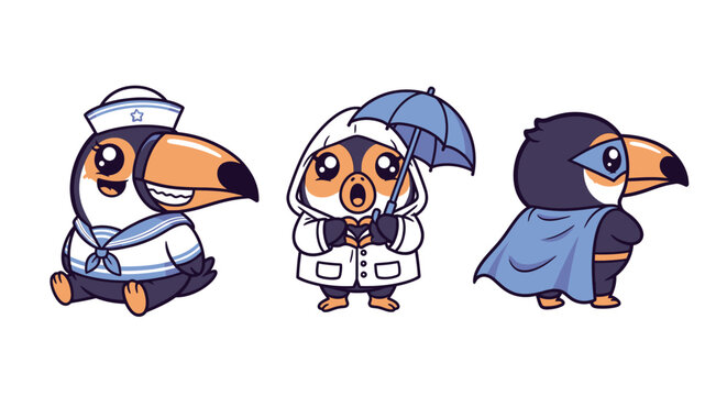 Whimsical cartoon toucans in various outfits and costumes.