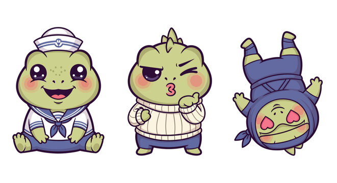Cute Cartoon Frog Characters in Various Outfits and Poses.