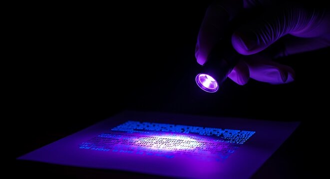 Hand in a glove holding a uv flashlight over a document in the dark
