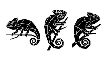 Chameleon Logo Set Geometric Black Vector Animal Icon Design © Stock Master 