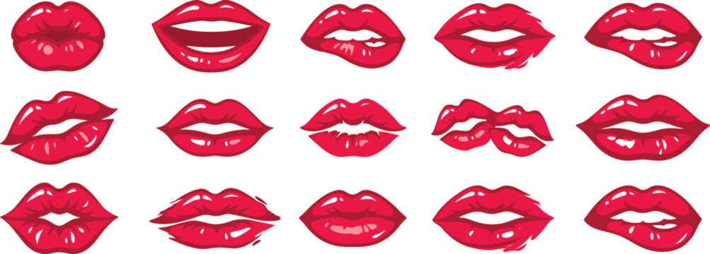 Sexy Red Lips Vector Collection with Various Mouth Expressions Lipstick Smudges and Lip Biting Shapes for Beauty Cosmetics and Valentines Day Designs