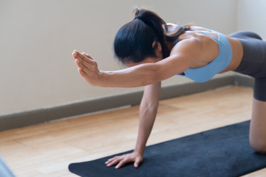 Strong, fit, disciplined fitness Asian woman working out in indoor gym with table top pose, quarter view