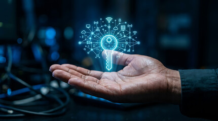 Fototapeta premium Glowing key with network connections displayed in an open human palm illuminated