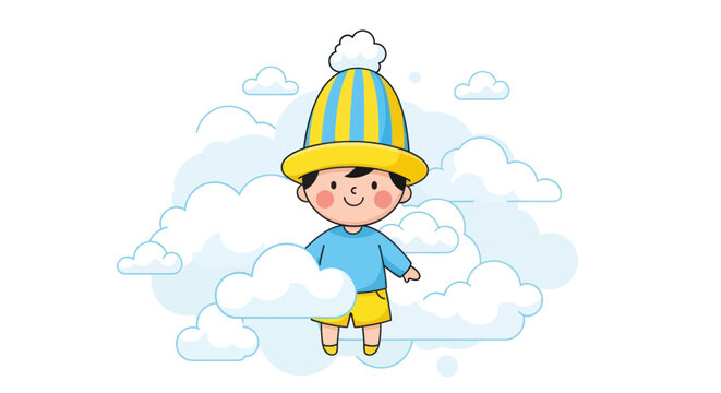 happy child wearing yellow and blue hat standing on clouds