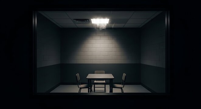 Empty interrogation room with a table and three chairs under a bright light