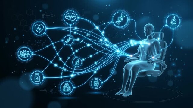 Human figure medical icon digital network healthcare technology DNA microscope heart rate hospital building medicine bottle futuristic interface glowing lines data connection patient health