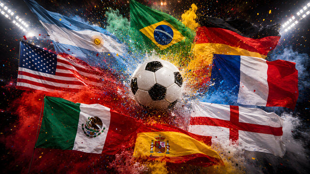 International soccer concept with a football surrounded by world nation flags and vibrant celebration effects