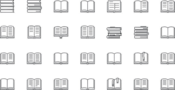 Minimalist book line icon set vector illustration featuring open pages textbook stacks literature magazine encyclopedia and education symbols isolated on white background