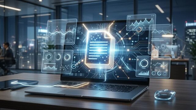 Digital document laptop computer data visualization with holographic interface in modern office workspace technology showcasing futuristic business analytics and digital transformation concepts
