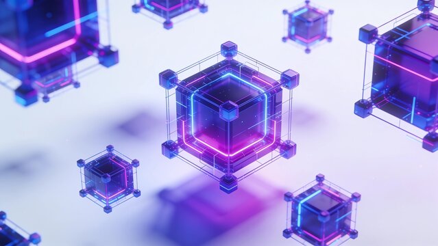 Futuristic 3D composition of glowing neon purple and blue cubes floating in space, high-tech interface, web3 and blockchain concept.