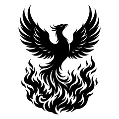 Fototapeta premium Black silhouette phoenix rising from flames, rebirth concept