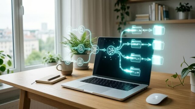 Data flow digital folder laptop computer home office wooden desk wireless mouse notebook pen window view technology concept file management workspace organization modern interior natural plant pot
