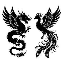 Obraz premium Mythical Dragon and Phoenix Silhouette