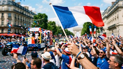 cheering crowd of people celebrating french national day on paris street