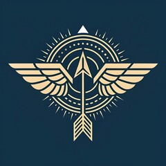 Fototapeta premium Minimalist mountain and tent logo design, adventure and outdoor travel emblem with pine trees and arrow pointing to the peak, vector illustration