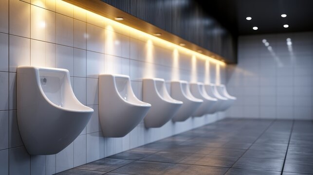 Row of modern white urinals installed in a public restroom, featuring sleek design, illuminated wall fixtures, and tiled flooring, creating a clean and contemporary environment for users