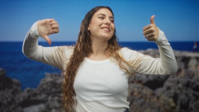 Woman young hispanic brunette wearing white long sleeve top showing thumbs up and thumbs down with both hands, closed eyes and visible nose ring in studio coastal set; ambivalence choice.