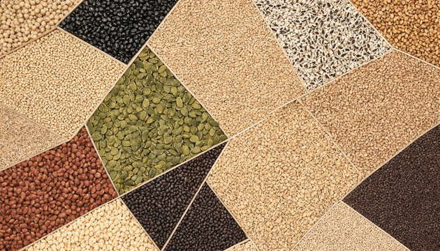 Abstract top view background of various grains and legumes in geometric shapes with background abstract geometric textures patterns ingredients nutrition assorted agricultural culinary