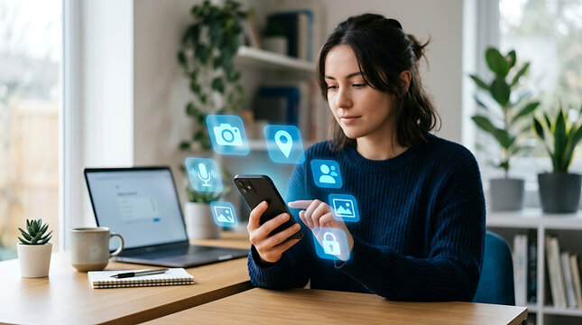 Woman using smartphone with privacy setting icons in a home office setting