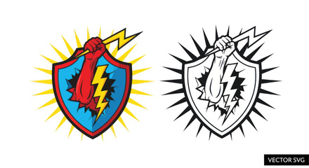 Fototapeta premium Powerful fist holding lightning bolt breaking through shield