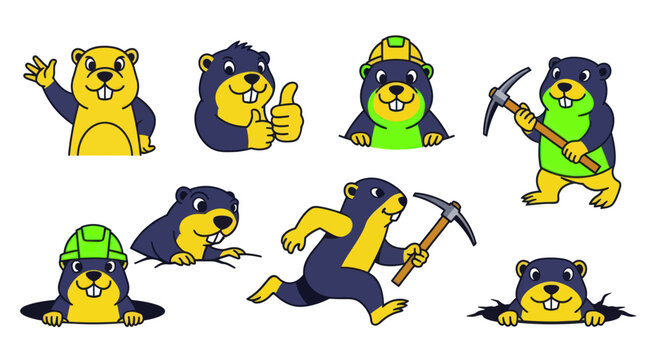 Groundhog mascot character in various mining and work poses