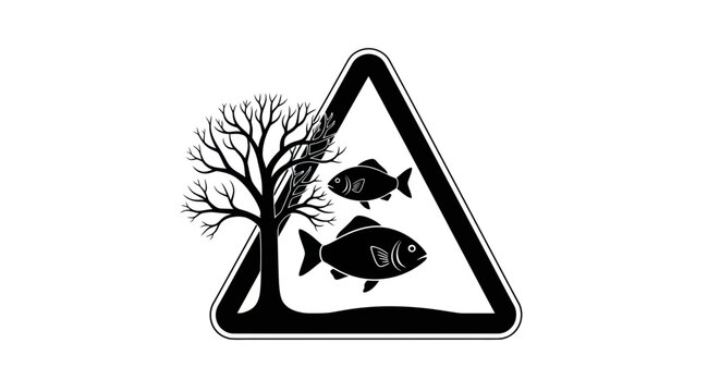 Environmental warning sign with dead tree and fish