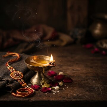 Raksha Bandhan thread ceremony with glowing diya and rose petals on rustic wooden table