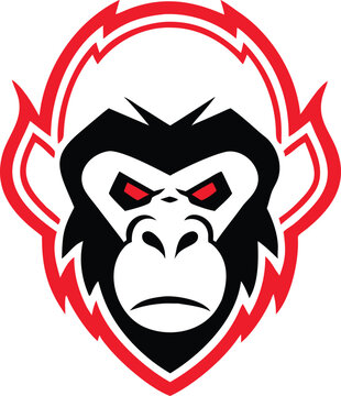 Angry gorilla face with red eyes and lightning bolts logo