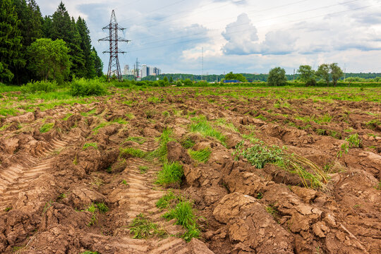 Freshly plowed overgrown field with deep tractor tire tracks, showing raw brown earth and patches of green grass under a cloudy sky in a rural agricultural landscape