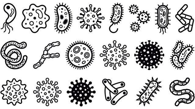 Bacteria Vector Icon Set Virus Microbe Germ Cell Pathogen Doodle Collection for Medical and Science Design Illustration Sign Collection