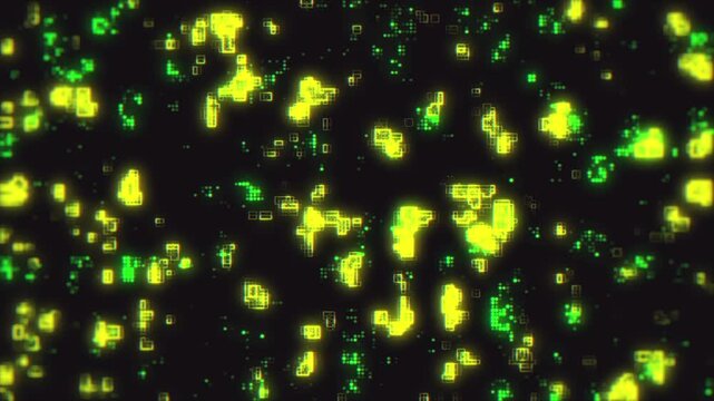 Abstract glowing digital squares representing data streams float across the dark technological background surface