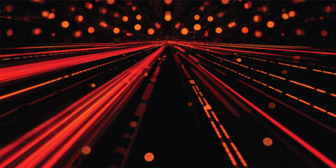 An abstract dark background of red light trails captures the fast motion of nighttime traffic and car headlights blurring down an urban highway © Midul