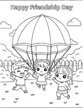 Cute children holding large parachute together outdoors fun.