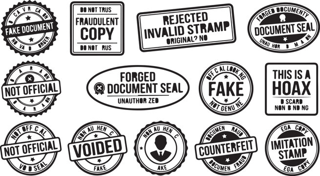 Assorted fake and voided document fraud warning stamp set with fraudulent counterfeit document official imitation rejected illustration
