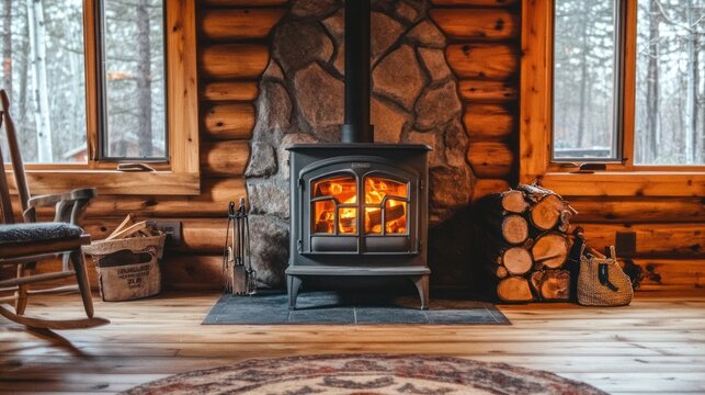 Cozy wood-burning stove in a log cabin